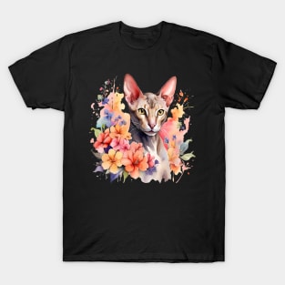 An oriental shorthair cat decorated with beautiful watercolor flowers T-Shirt